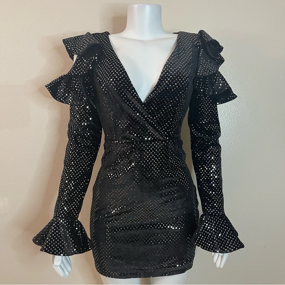 Black velvet cutout ruffle shoulders long sleeve sequins deep V-neck mini dress